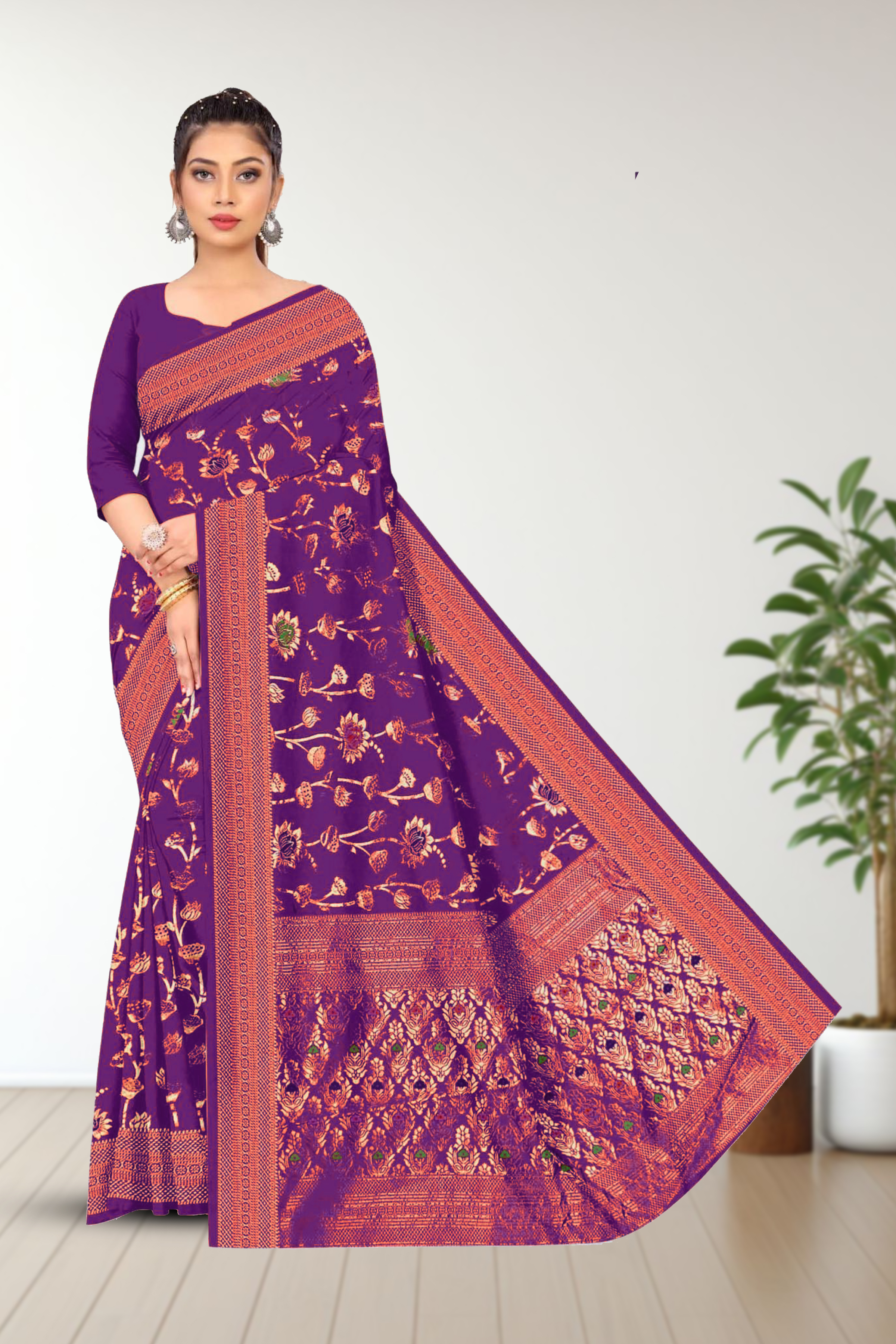 Cream Banarasi Silk Saree With Blouse Piece