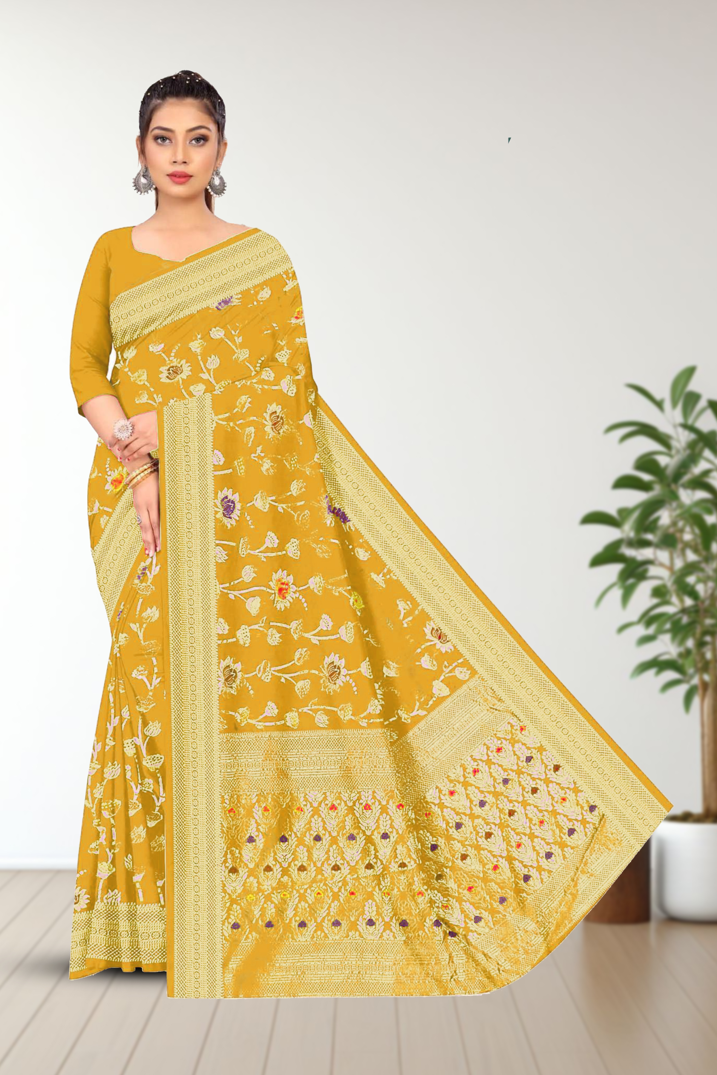 Cream Banarasi Silk Saree With Blouse Piece